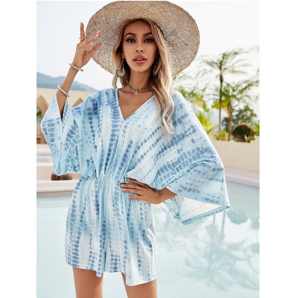 Tie Dye Blue White Loose Short Romper - Picture 3 of 6